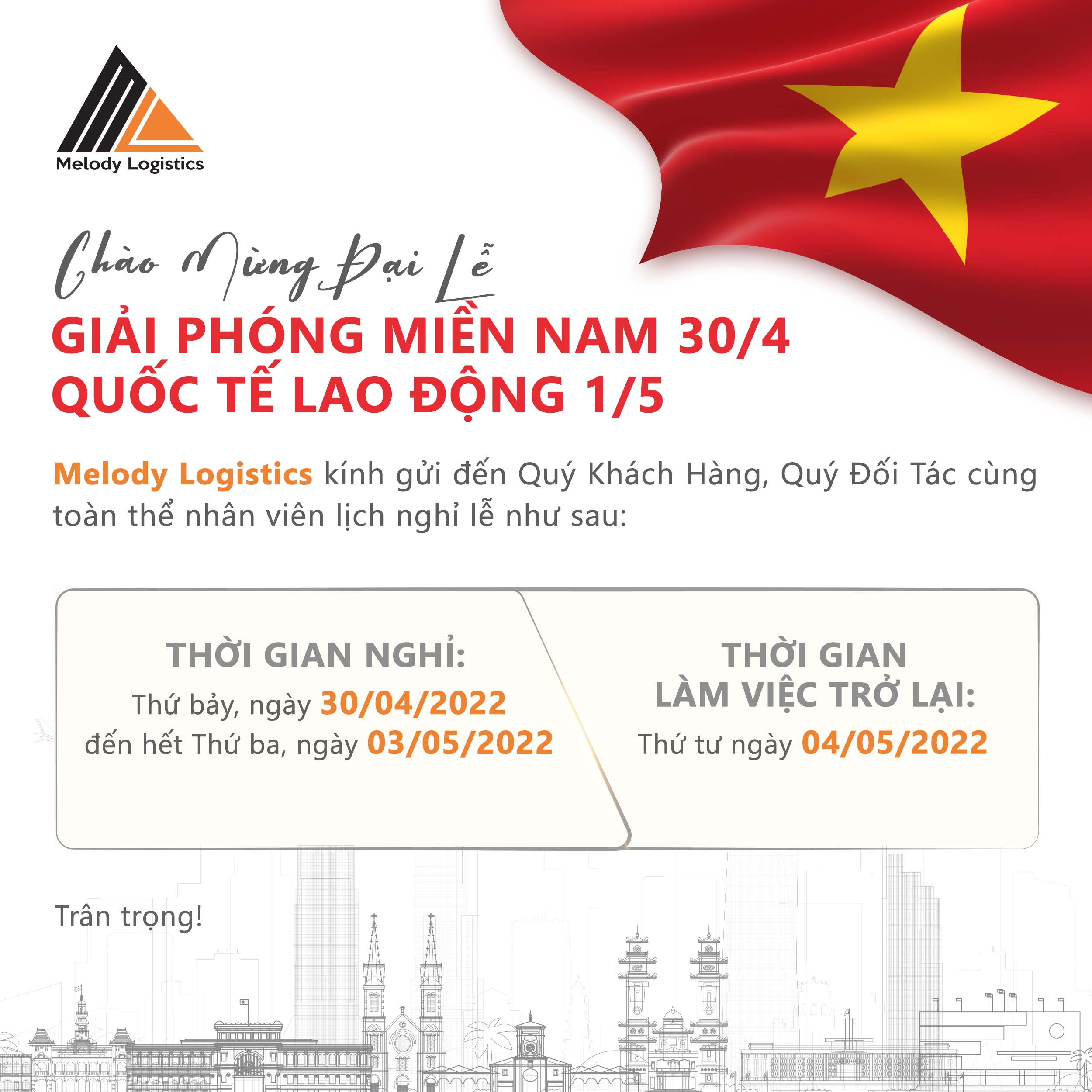 THÔNG BÁO LỊCH NGHỈ LỄ 30.4 VÀ 1.5