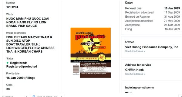 Nhãn hiệu nước mắm Phú Quốc của công ty Viet Huong Fishsauce (một doanh nghiệp của Mỹ) hiện tại đang được bảo hộ ở Mỹ, Úc, EU và Malaysia.